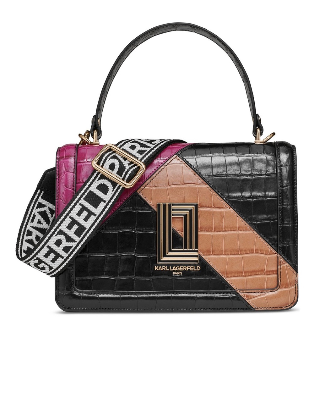 Karl Lagerfeld Black, Tan & Pink Croc-Embossed Top-Handle Satchel